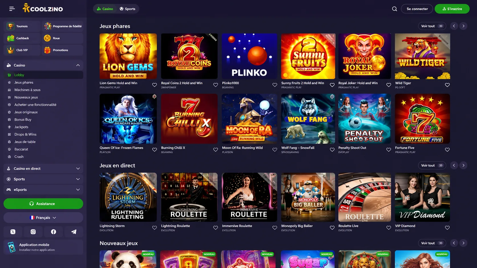 Lobby de jeux Coolzino Casino France