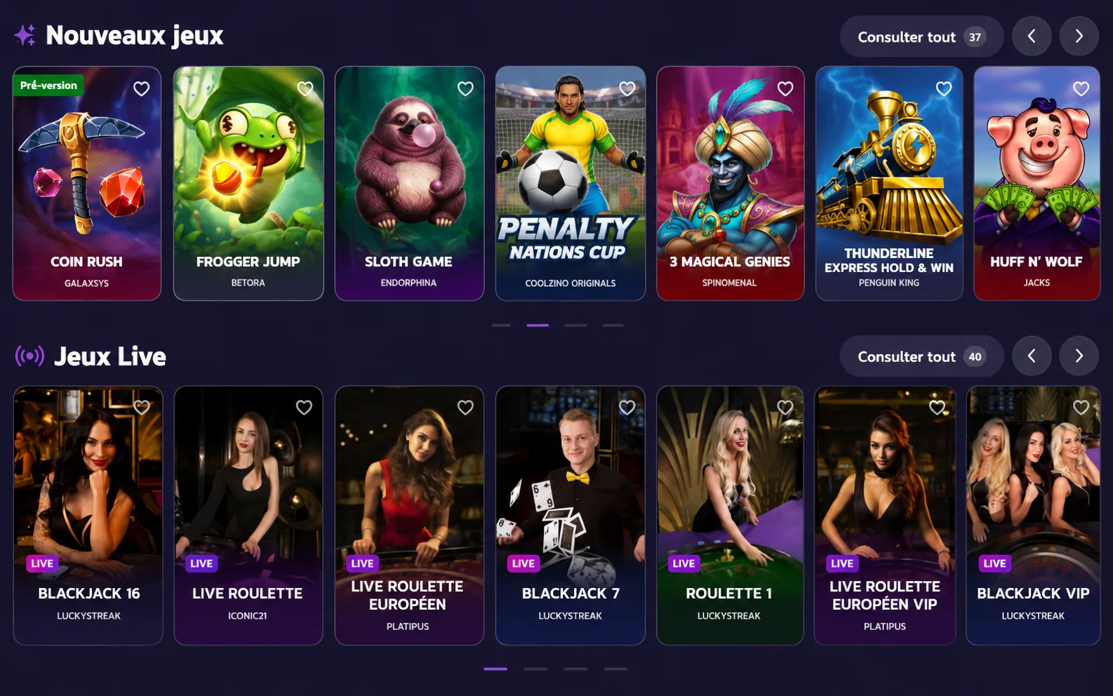 Nouveaux jeux et live casino Coolzino